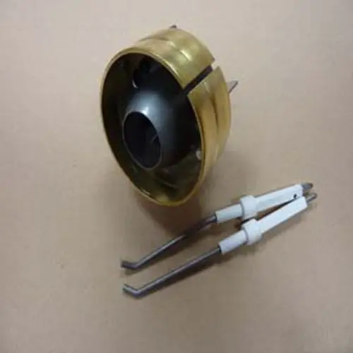 Zentrierstern und Flammkopf von Remeha. Der zentrale Bestandteil hat eine goldene Außenstruktur und zwei längliche, metallische Kontakte.